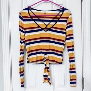 GAZE • Mustard Gold Striped Long Sleeve Cropped Tie Top